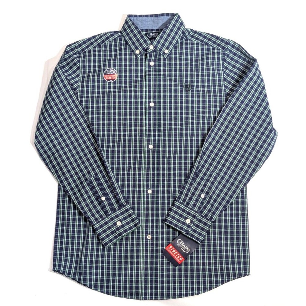 Chaps Boys Shirt Size L 14/16 Long Sleeve Button Down Green & Navy Plaid  New